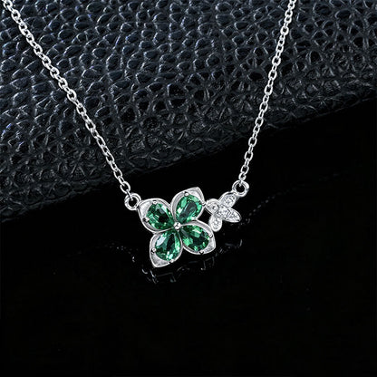 S925 Silver Lab Emerald Four-Petal Flower Necklace, Green Gemstone Butterfly - Photo 3