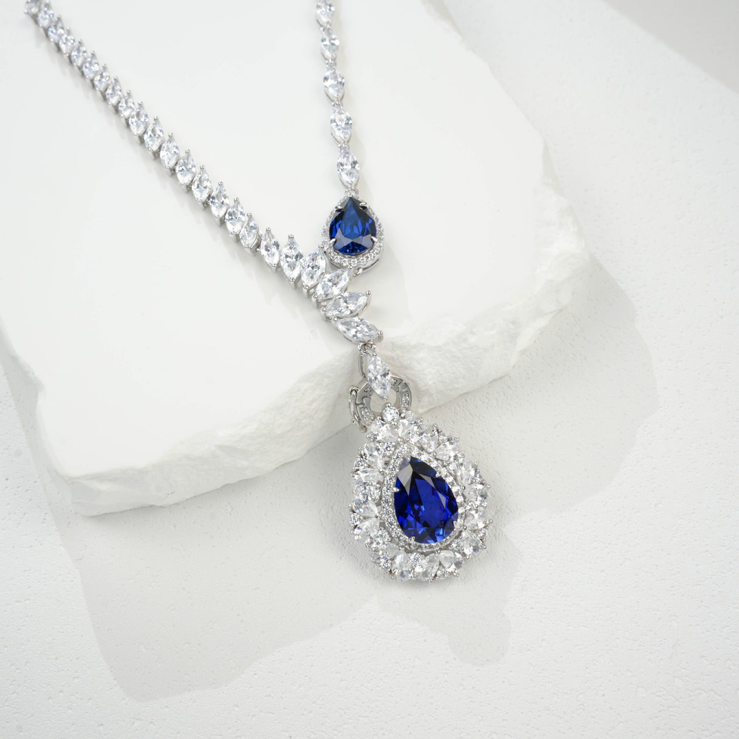S925 Sterling Silver Lab Sapphire Teardrop Heavy Pave Necklace, Premium Gown - Photo 3