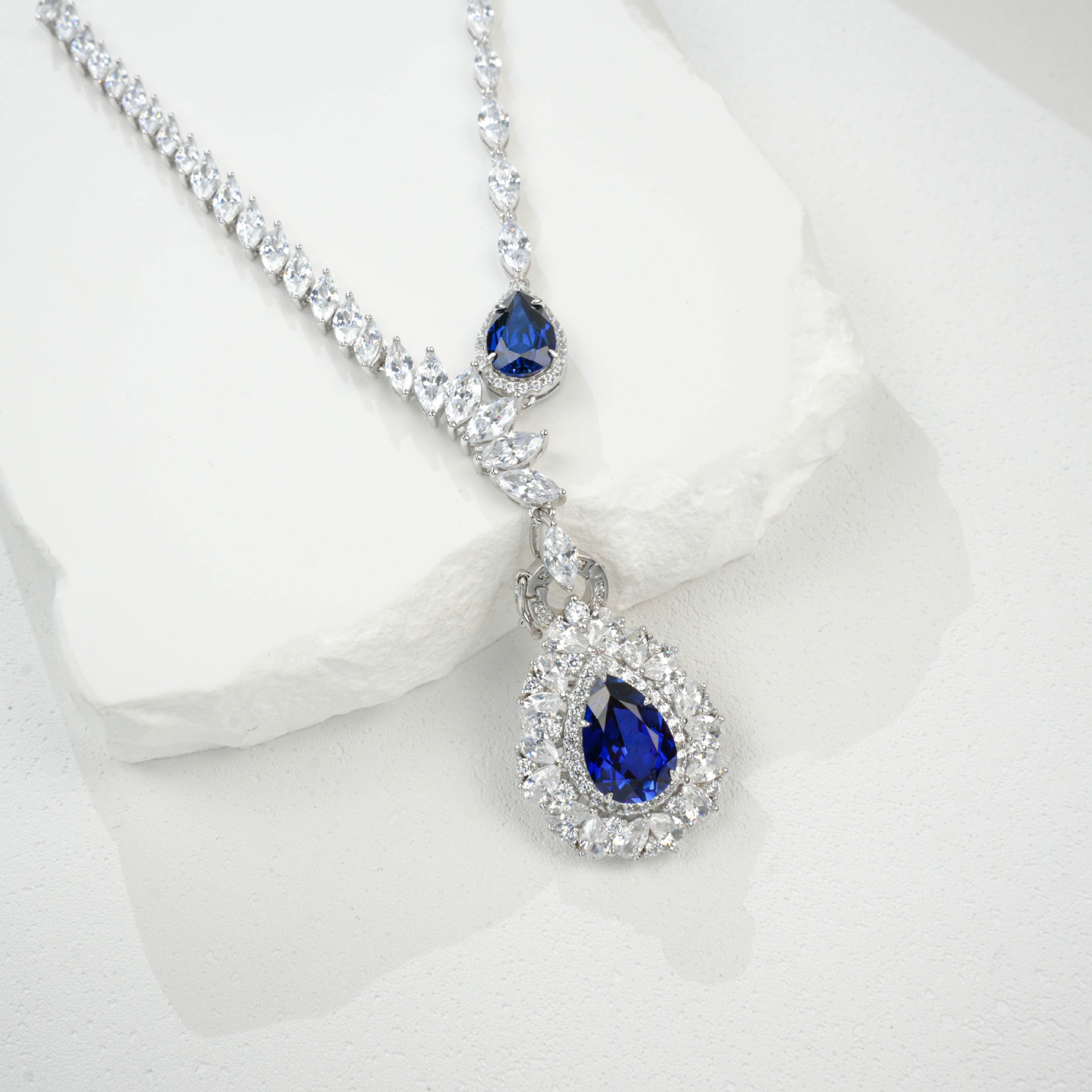 S925 Sterling Silver Lab Sapphire Teardrop Heavy Pave Necklace, Premium Gown - Photo 3