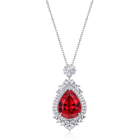S925 Sterling Silver Lab Ruby Teardrop Halo Choker Necklace, Premium Gift for Women - Photo 4
