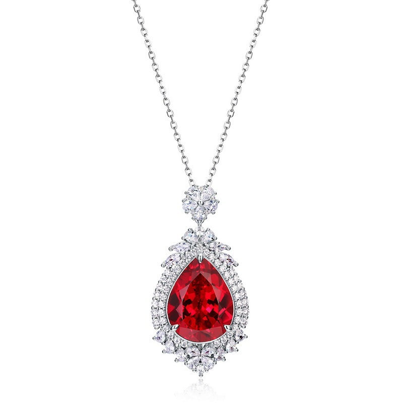 S925 Sterling Silver Lab Ruby Teardrop Halo Choker Necklace, Premium Gift for Women - Photo 1
