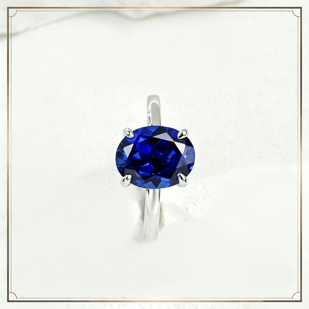 S925 Sterling Silver Oval Lab Sapphire Ring for Women, Minimalist - Photo 1