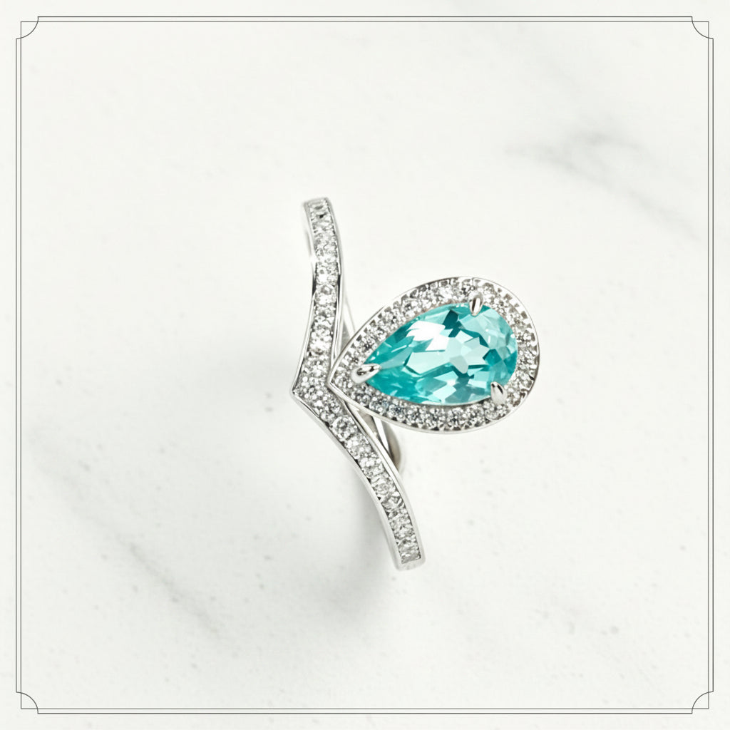 S925 Sterling Silver Paraiba Sapphire Teardrop Halo Ring, Designer Premium - Photo 1