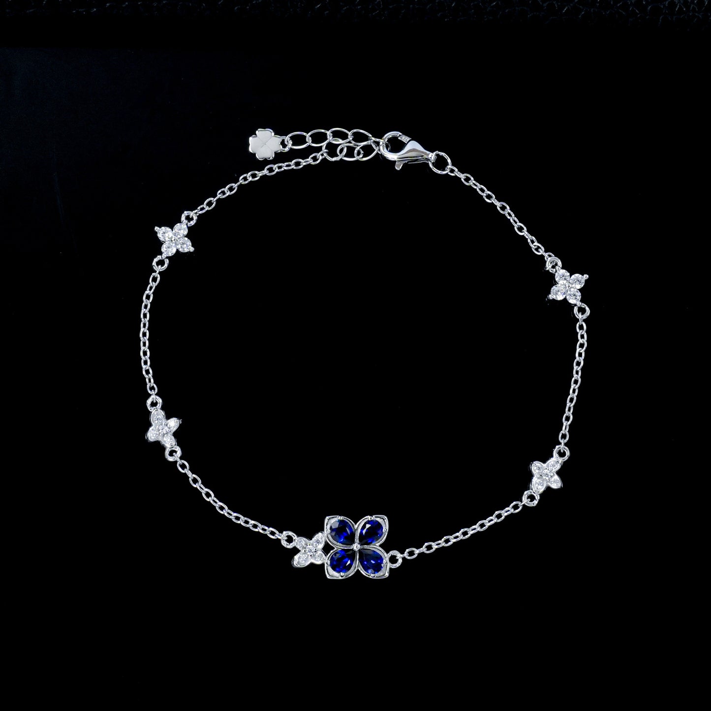 S925 Silver Four-Leaf Clover Royal Blue Sapphire Bracelet, Full Diamond Flower - Photo 2