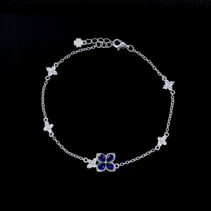 S925 Silver Four-Leaf Clover Royal Blue Sapphire Bracelet, Full Diamond Flower - Photo 2