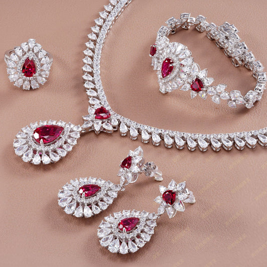S925 Sterling Silver Lab Pigeon Blood Ruby Teardrop Jewellery Set, Luxurious Premium - Photo 3