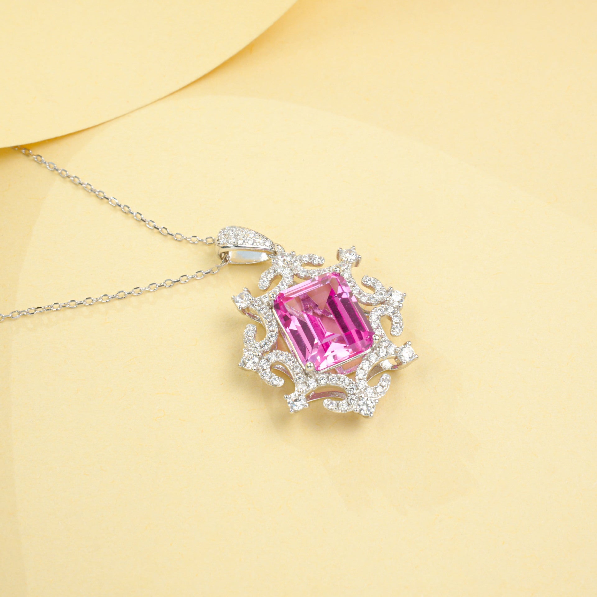 S925 Sterling Silver Lab Padparadscha Necklace, Elegant Minimalist - Photo 1