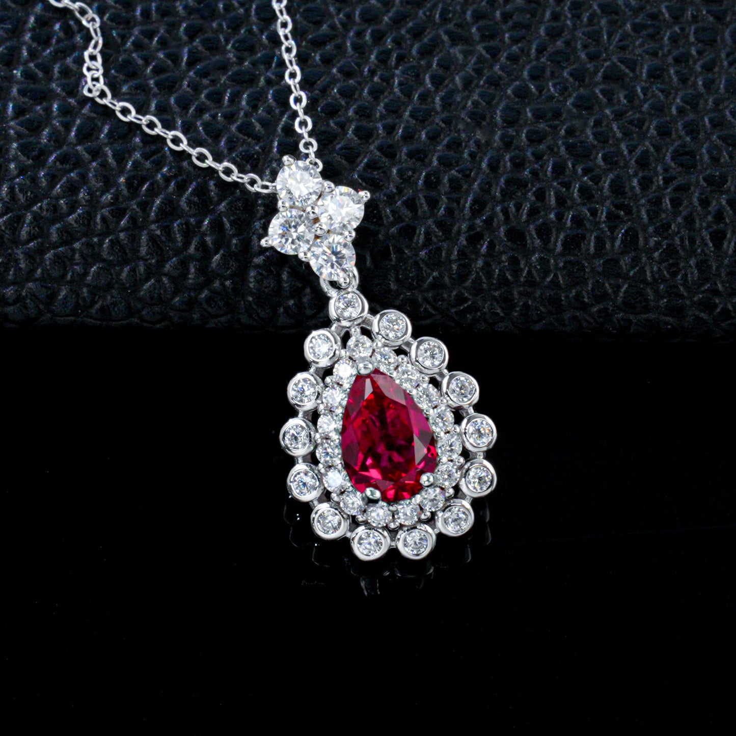 S925 Silver Pigeon Blood Lab Ruby Teardrop Halo Necklace, Premium Versatile Gift - Photo 2