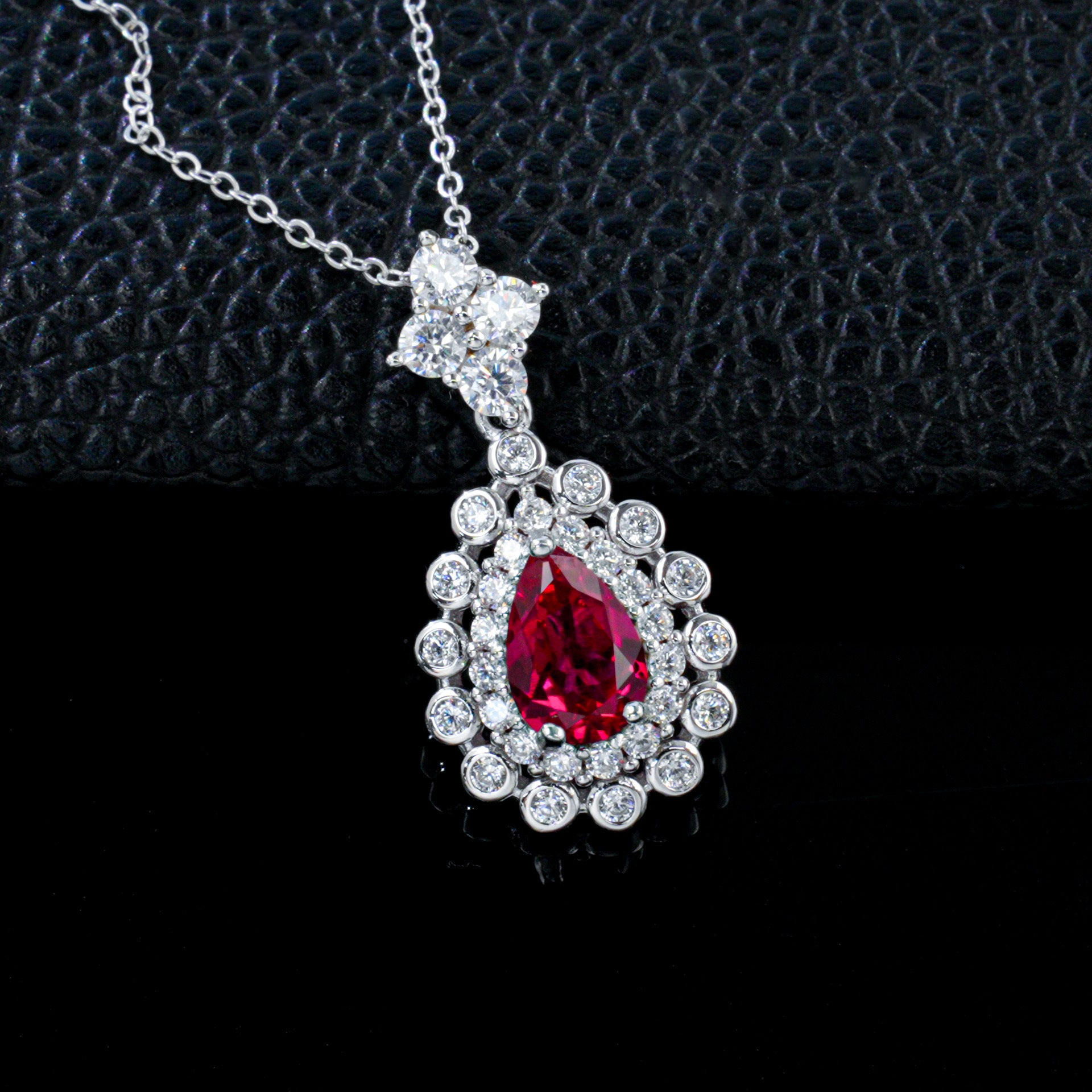 S925 Silver Pigeon Blood Lab Ruby Teardrop Halo Necklace, Premium Versatile Gift - Photo 2