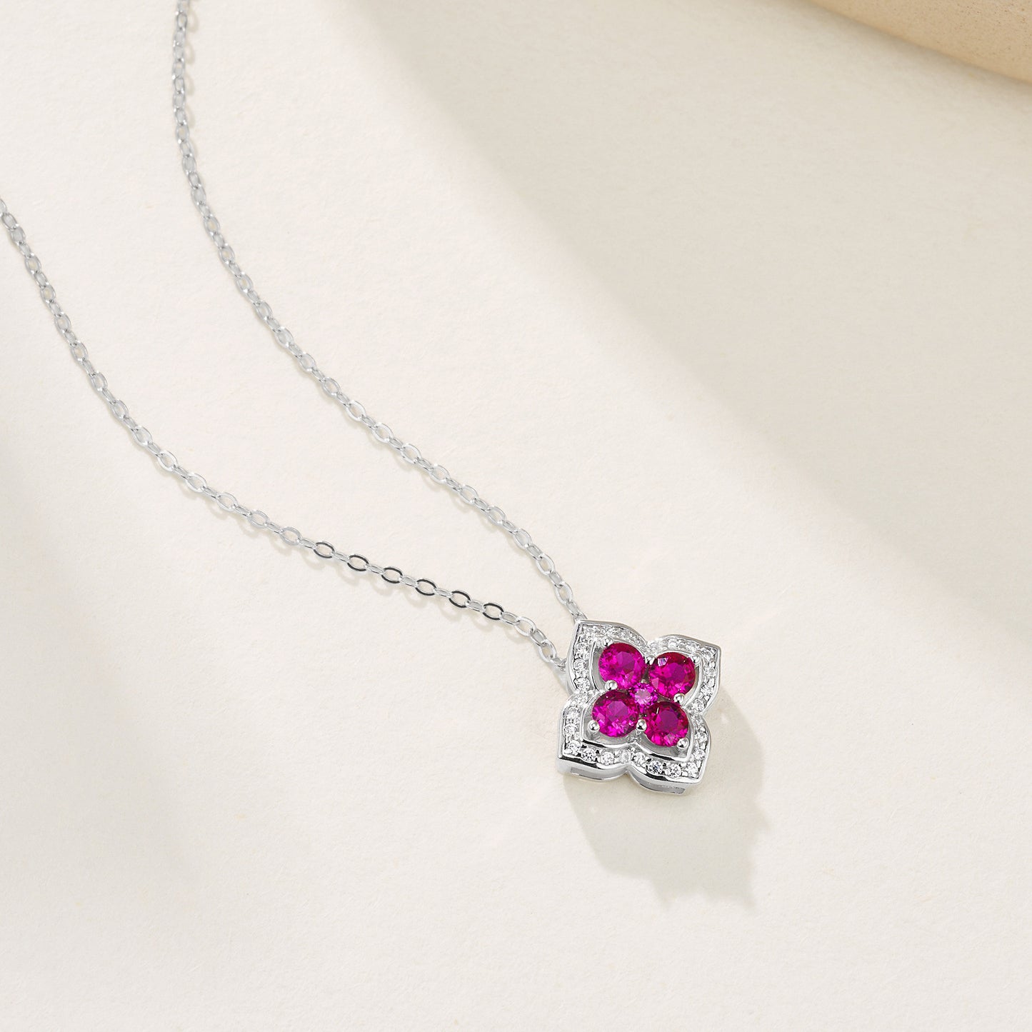 Lab Ruby Necklace S925 Sterling Silver Sparkling Four-Leaf Clover, Sweet - Photo 3