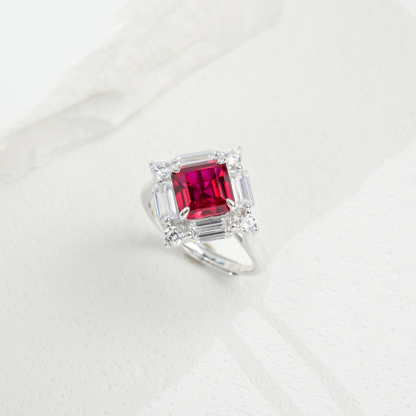S925 Sterling Silver Lab Pigeon Blood Ruby T-Shape Pave Ring, Gift for Women - Photo 3