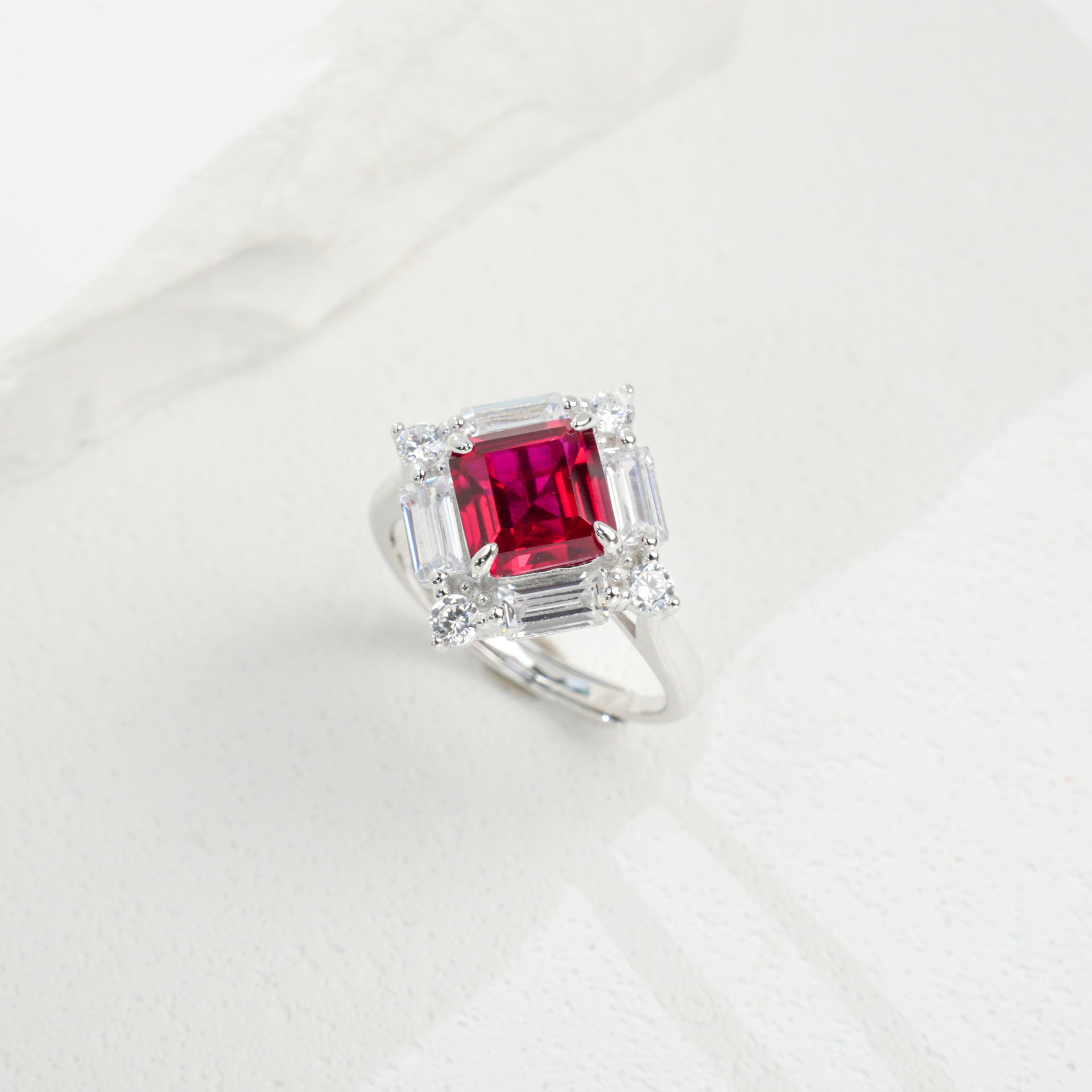 S925 Sterling Silver Lab Pigeon Blood Ruby T-Shape Pave Ring, Gift for Women - Photo 3