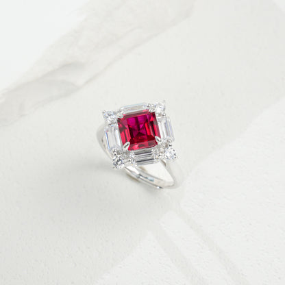 S925 Sterling Silver Lab Pigeon Blood Ruby T-Shape Pave Ring, Gift for Women - Photo 3