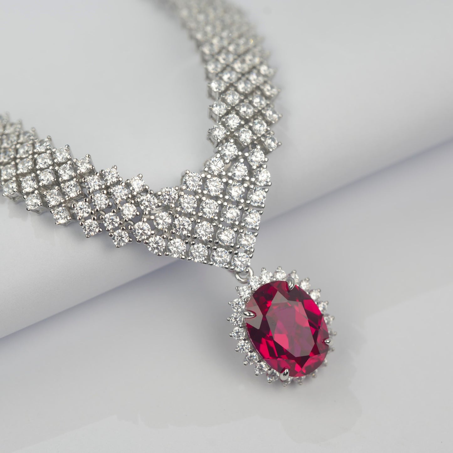 925 Sterling Silver Oval Lab Ruby V-Shape Necklace for Women, Heavy-Craft Versatile - Photo 3