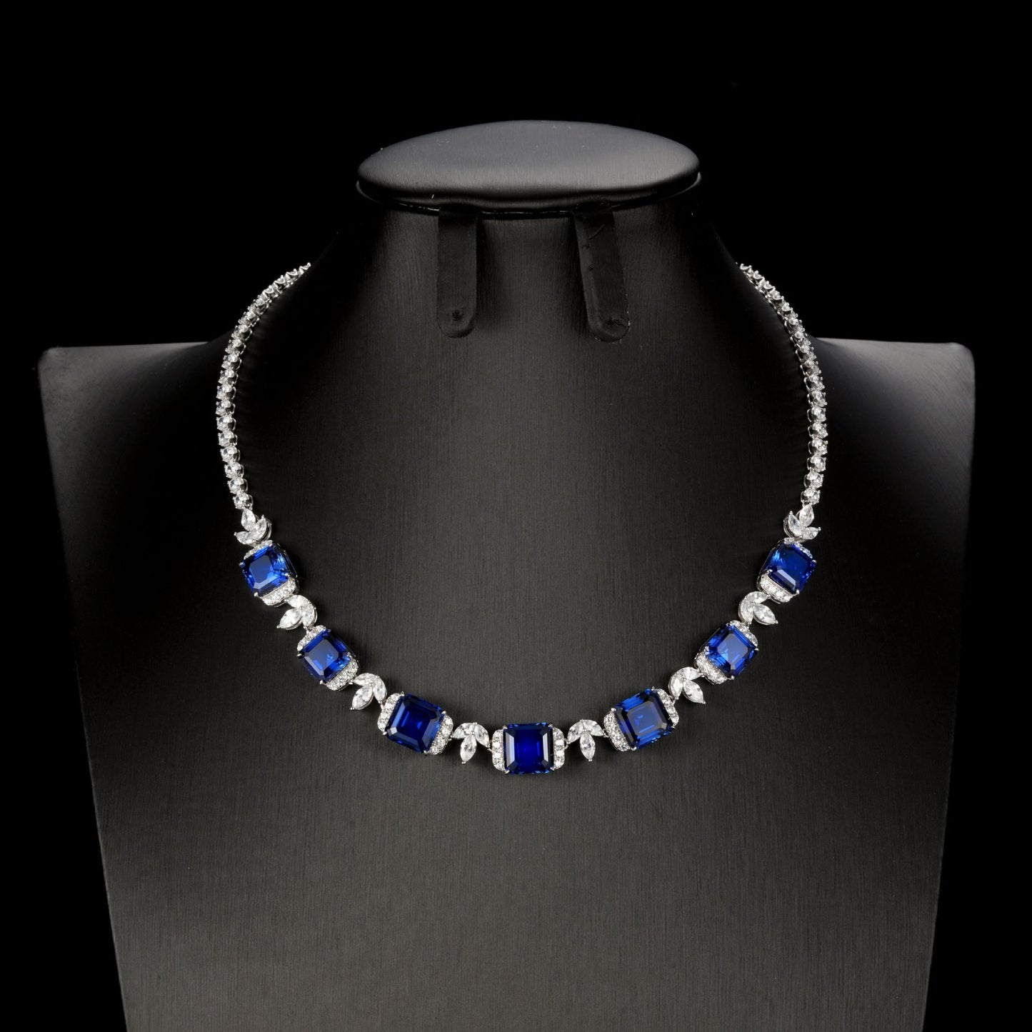 925 Sterling Silver Lab Sapphire Square Leaf Choker Necklace, Premium Wedding - Photo 3