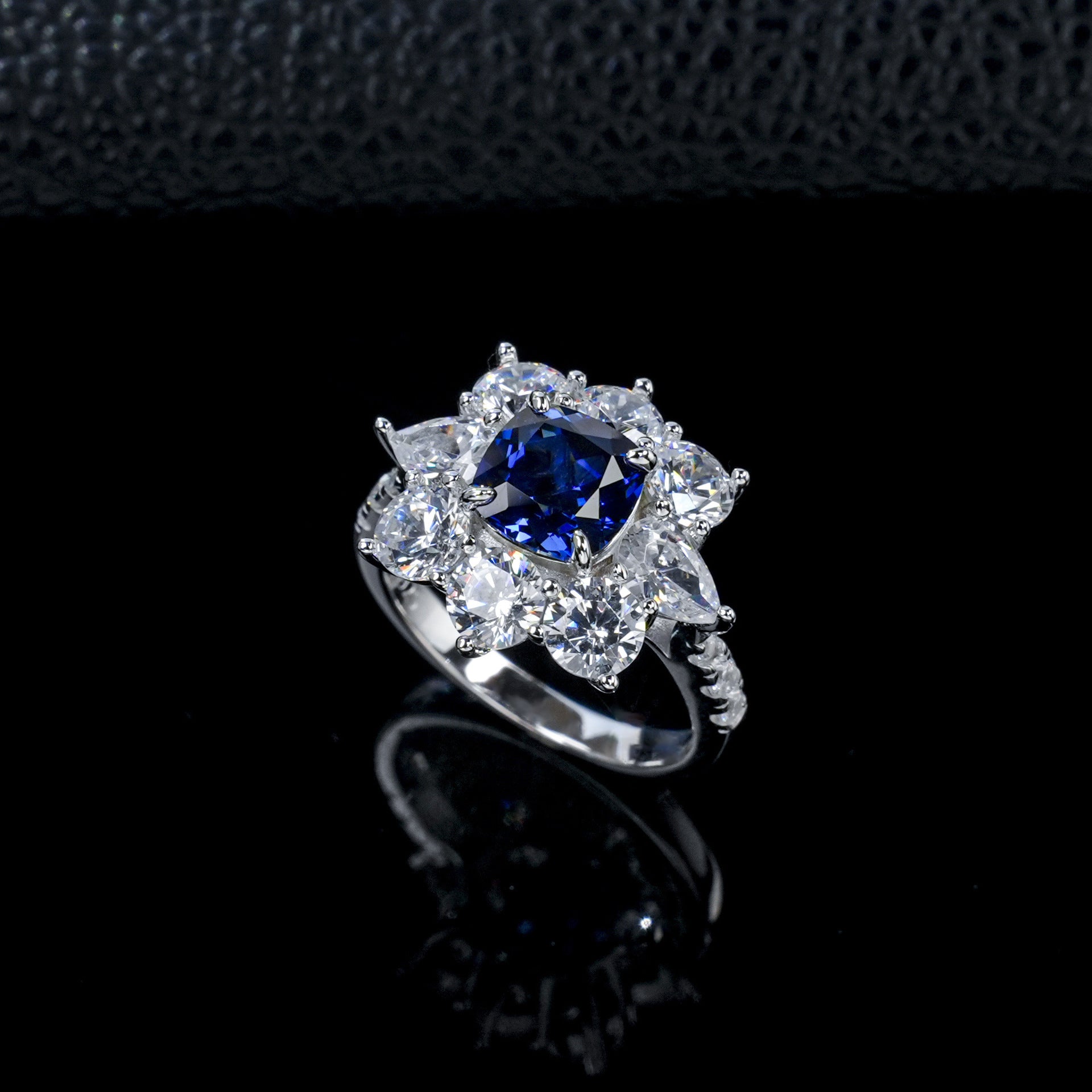 S925 Sterling Silver Lab Sapphire Ring Halo Diamond, Versatile Jewellery Premium - Photo 2