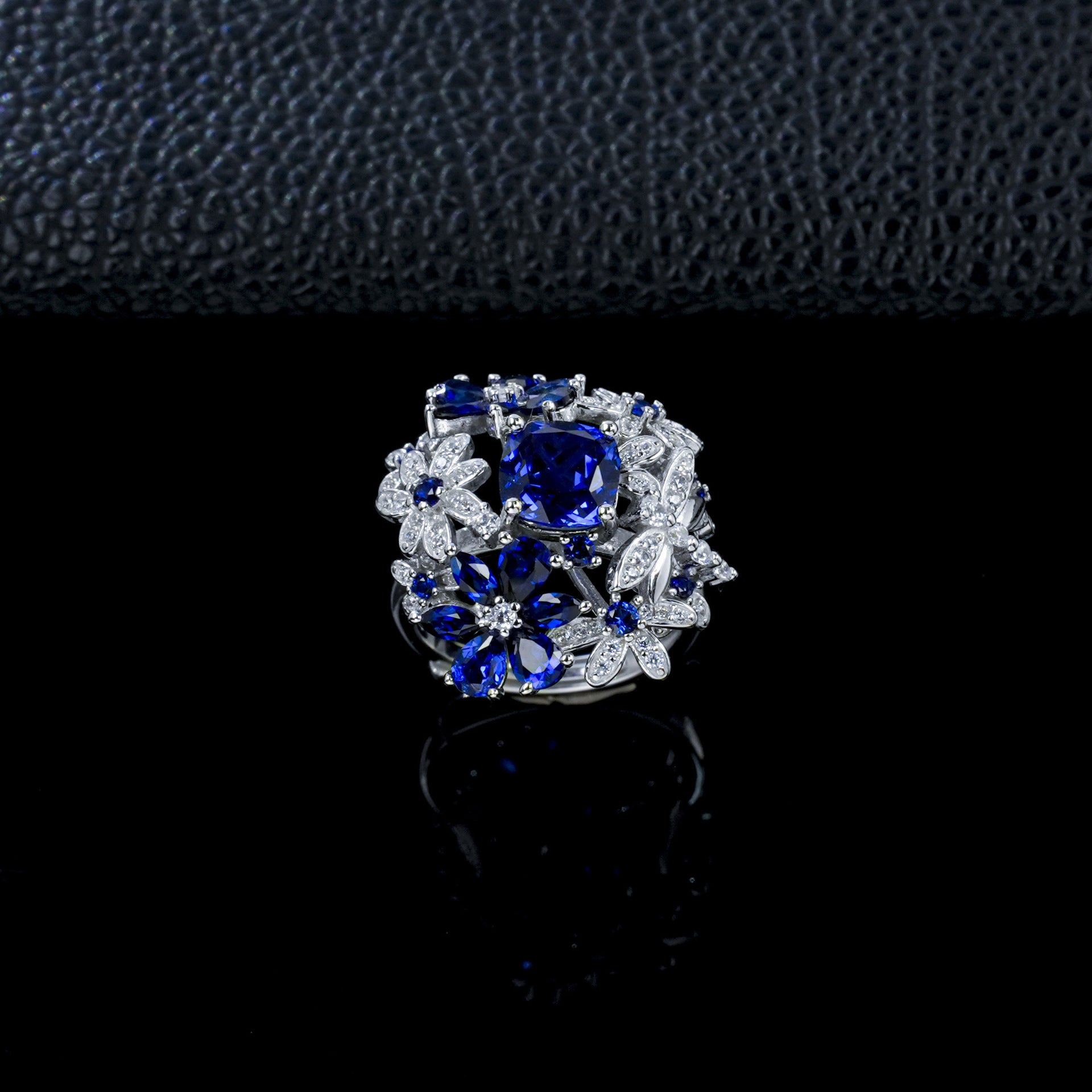 S925 Sterling Silver Lab Sapphire Ring 4-Claw Double-Side Full Diamond, Anniversary Versatile Elegant - Photo 2