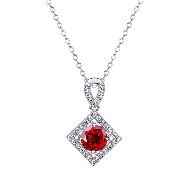 S925 Sterling Silver Lab Pigeon Blood Ruby Round Halo Pendant Choker, Premium Elegant - Photo 5