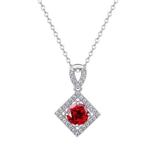 S925 Sterling Silver Lab Pigeon Blood Ruby Round Halo Pendant Choker, Premium Elegant - Photo 5