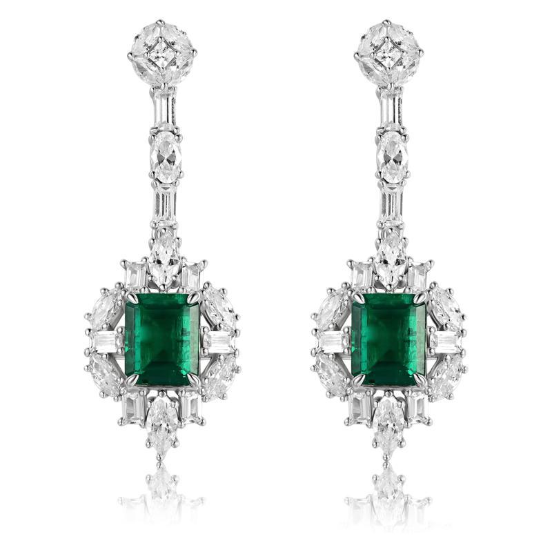 S925 Sterling Silver Lab Emerald Drop Earrings, Full Diamond Emerald - Photo 5