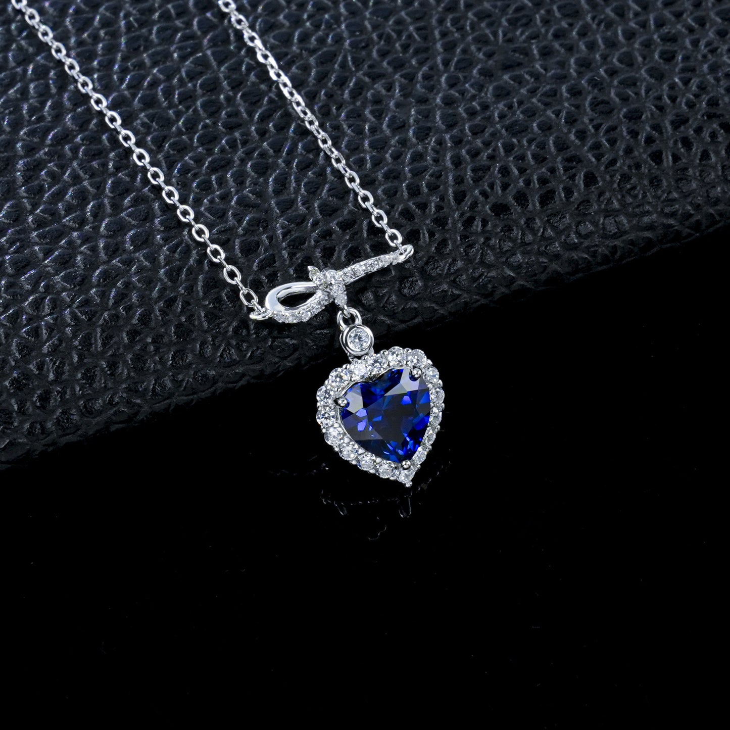 S925 Silver Heart Lab Sapphire Necklace, Full Diamond Halo - Photo 2