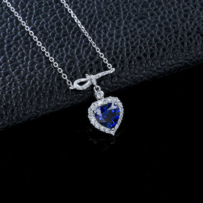 S925 Silver Heart Lab Sapphire Necklace, Full Diamond Halo - Photo 2
