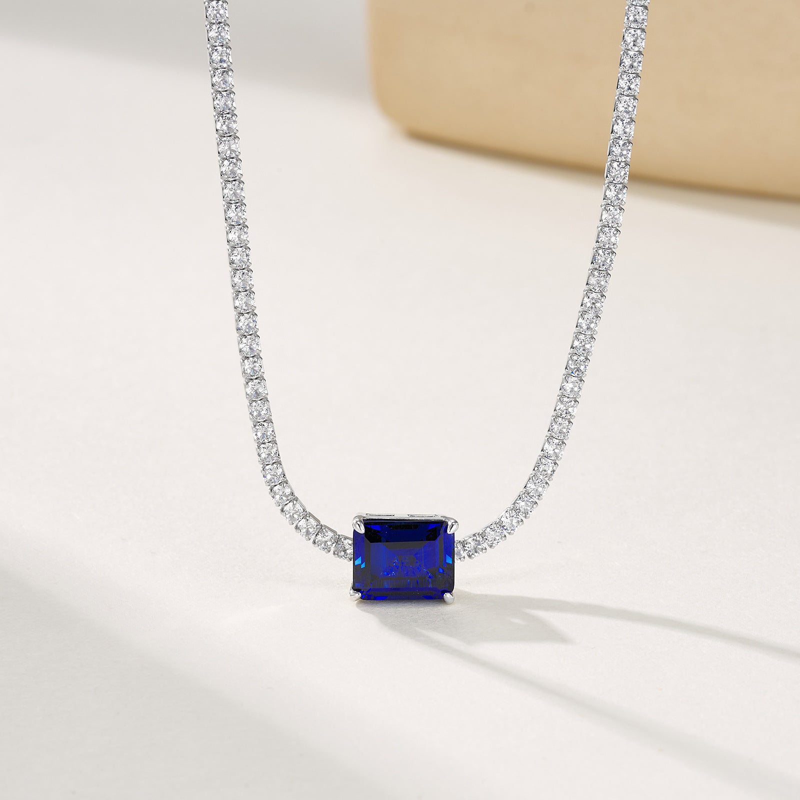 S925 Sterling Silver Lab Sapphire Necklace Rectangle Step-Cut Centre Full Diamond, Premium Valentine Gift - Photo 6