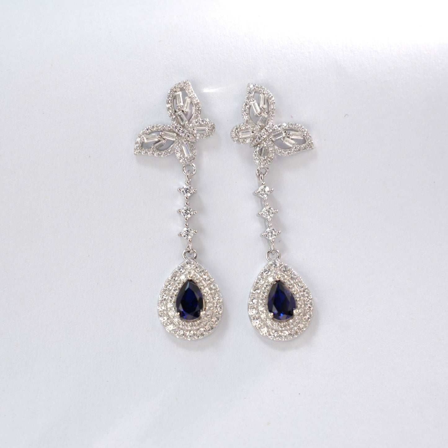 Lab Sapphire S925 Silver Butterfly Stud Earrings, Vintage Premium Princess - Photo 3