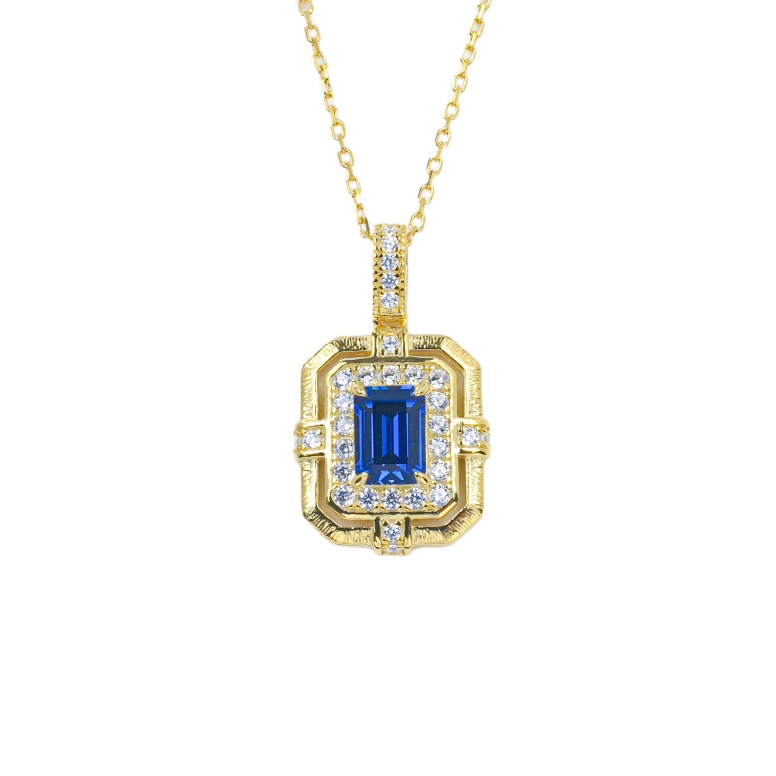 S925 Silver Vintage Palace Lab Sapphire Square Plate Necklace Full Diamond Halo, Women's Gift - Photo 5