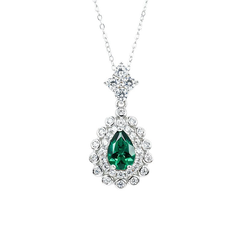 S925 Silver Teardrop Lab Emerald Double-Layer Halo Pendant Necklace, Palace Evening - Photo 5