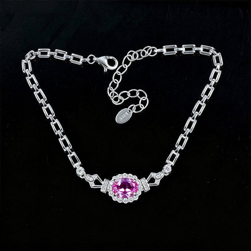 S925 Silver Oval Lab Padparadscha Pink Sapphire Bracelet, Premium - Photo 3