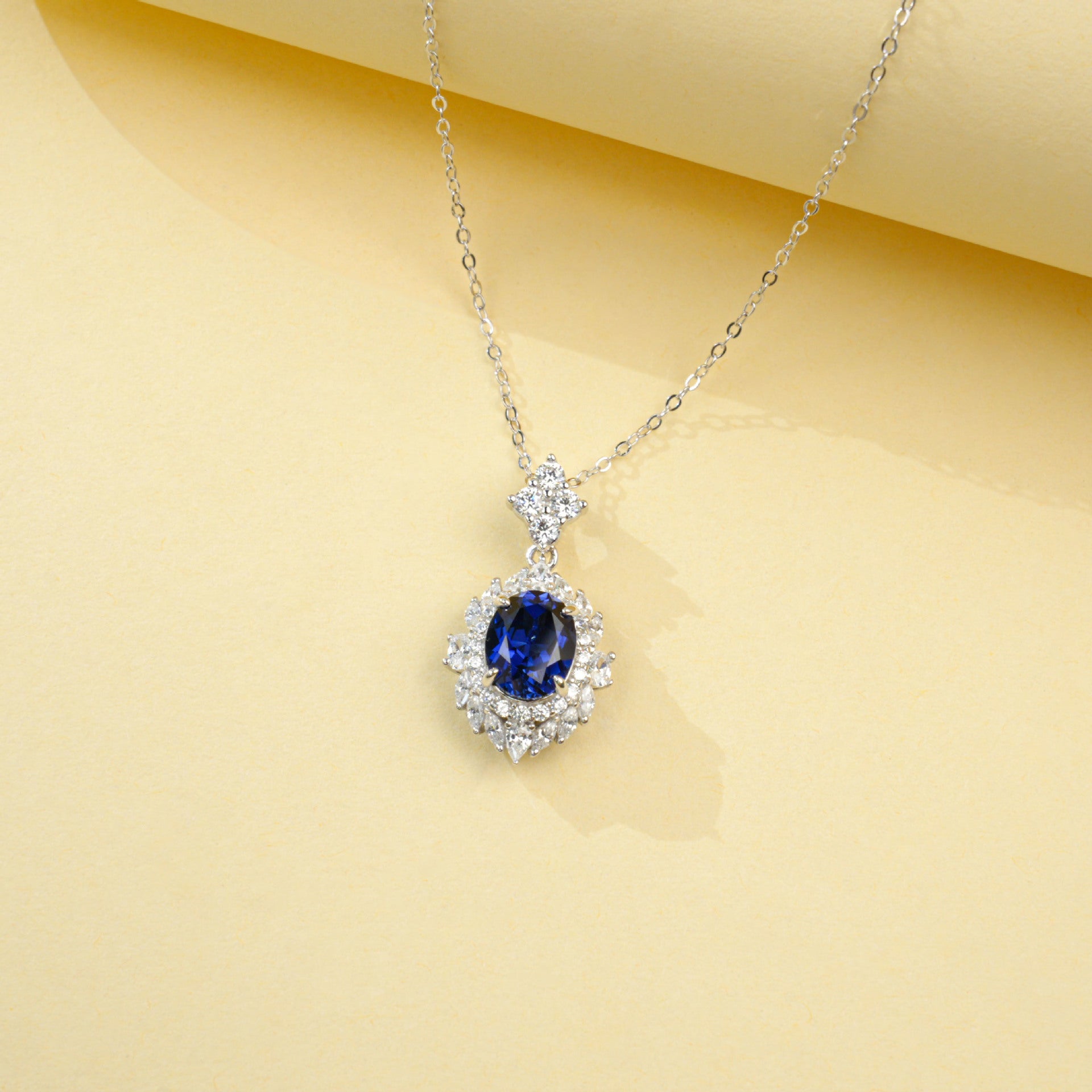 S925 Sterling Silver Royal Blue Lab Sapphire Pave Pendant Necklace, for Women - Photo 2
