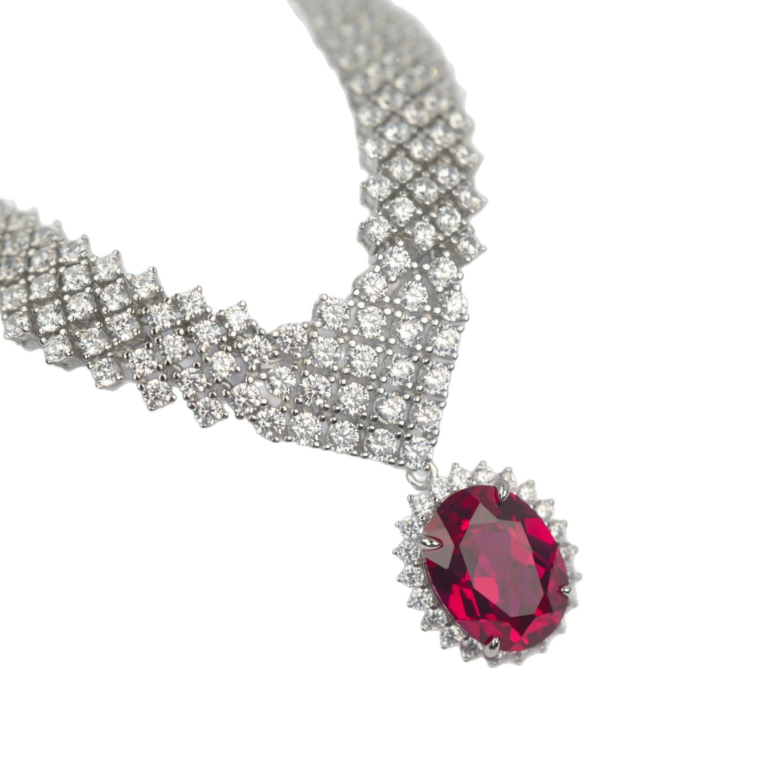925 Sterling Silver Oval Lab Ruby V-Shape Necklace for Women, Heavy-Craft Versatile - Photo 5