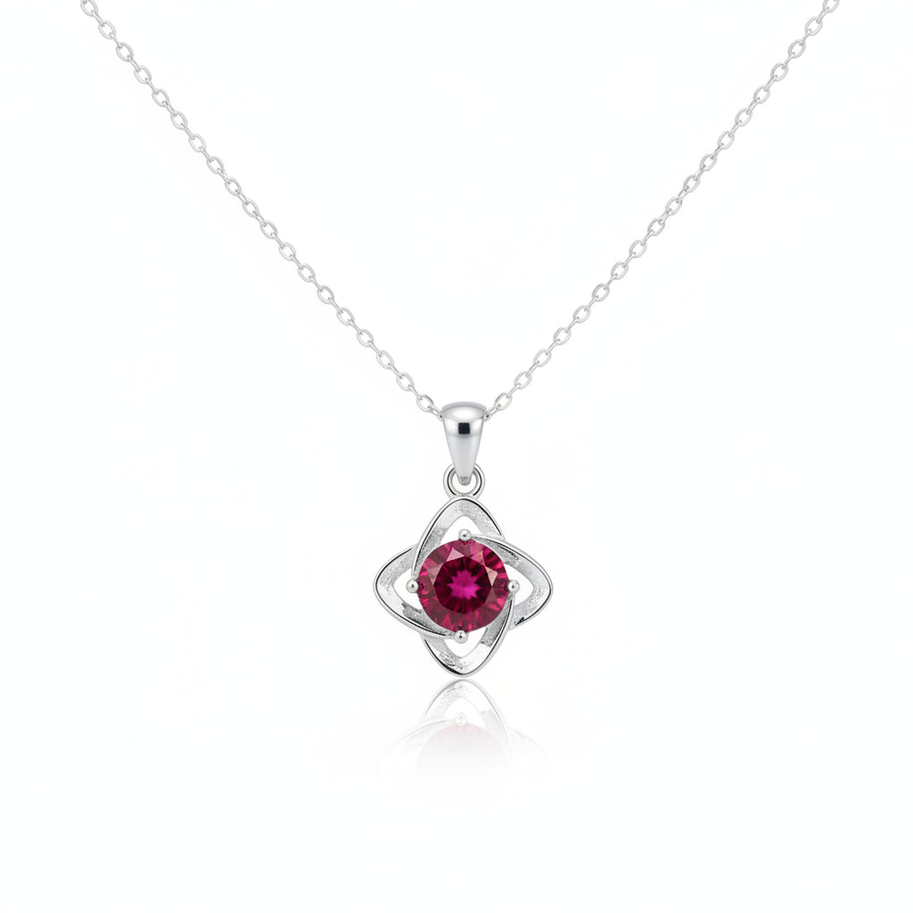 S925 Sterling Silver Lab Ruby Four-Leaf Clover Necklace, Birthday Girlfriend Gift - Photo 1