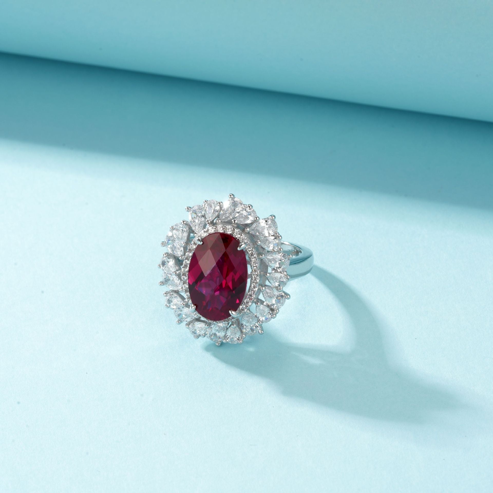 S925 Silver Lab Ruby Oval Ring, Bold Design - Photo 2