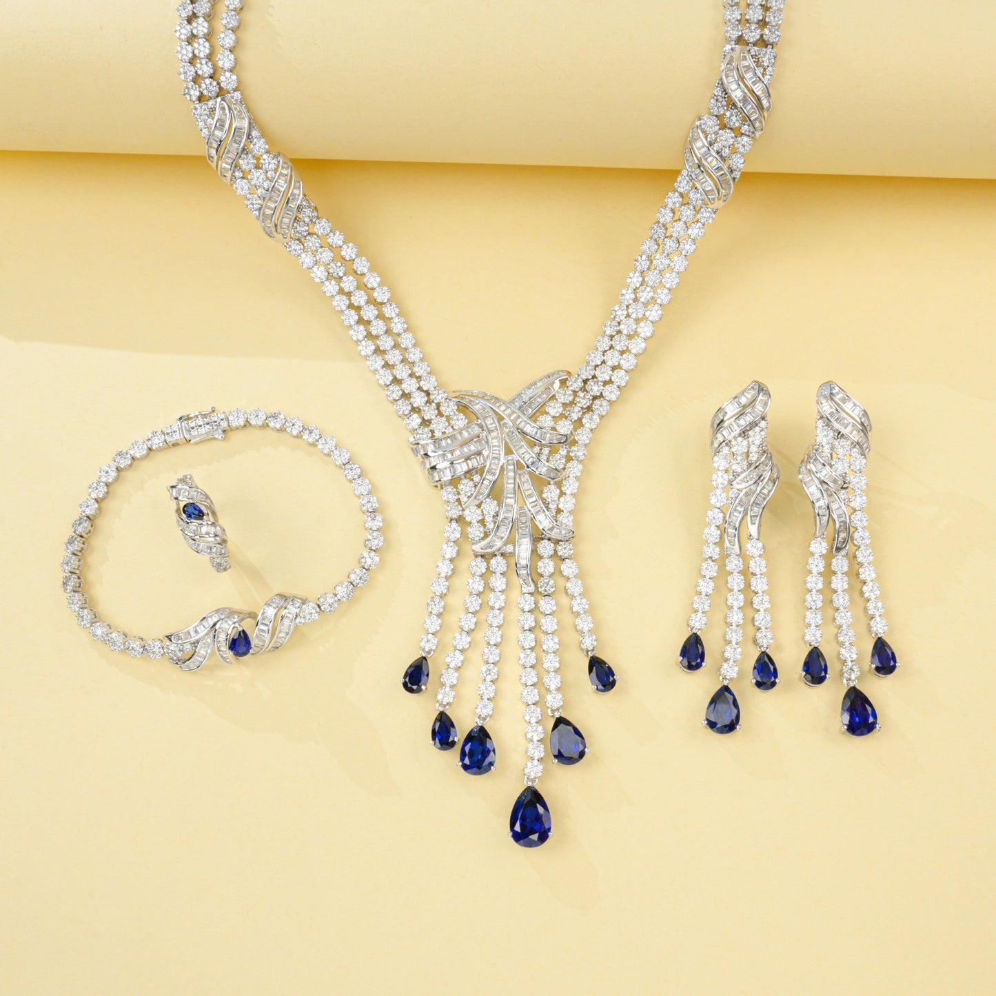 S925 Sterling Silver Lab Sapphire Jewellery Set (Necklace, Bracelet, Ring, Earrings) - Photo 6