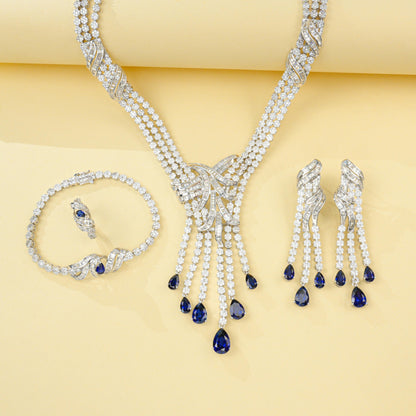 S925 Sterling Silver Lab Sapphire Jewellery Set (Necklace, Bracelet, Ring, Earrings) - Photo 6
