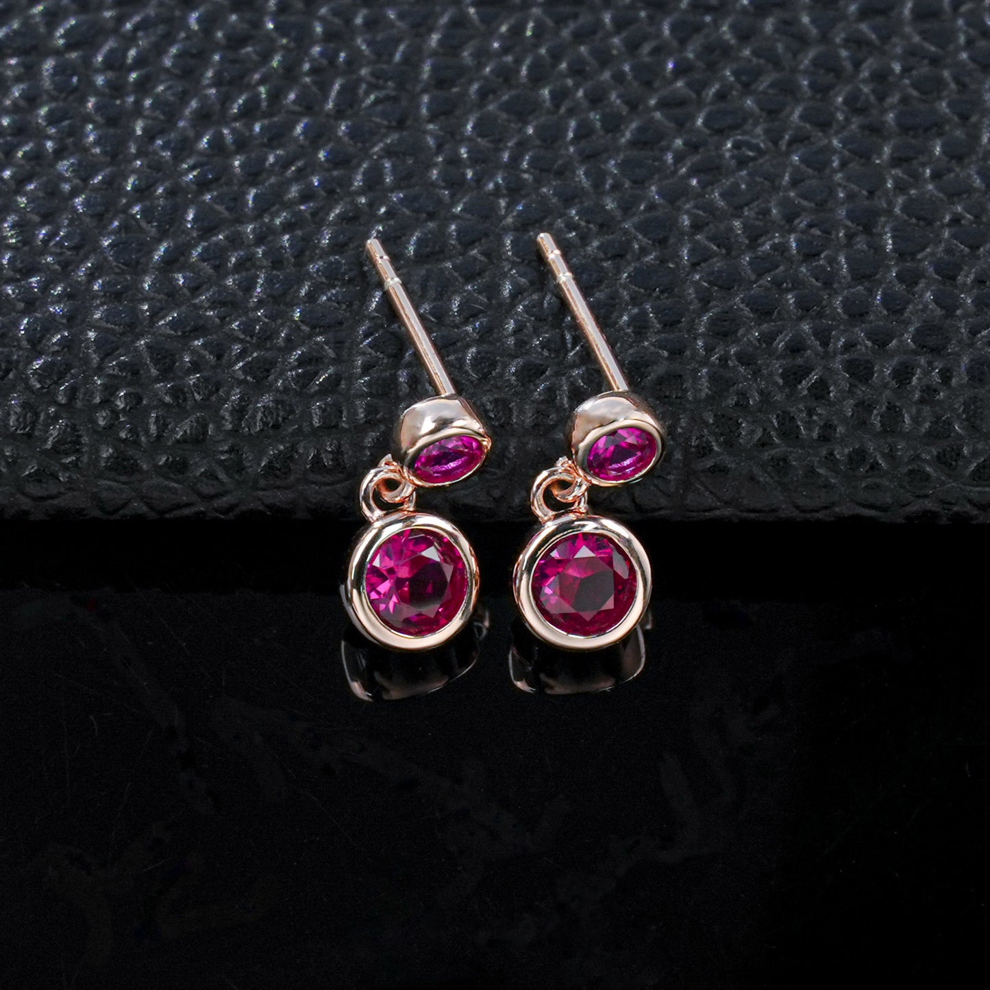 S925 Silver Double-Layer Round Ruby Stud Earrings, Rose Gold Full - Photo 2