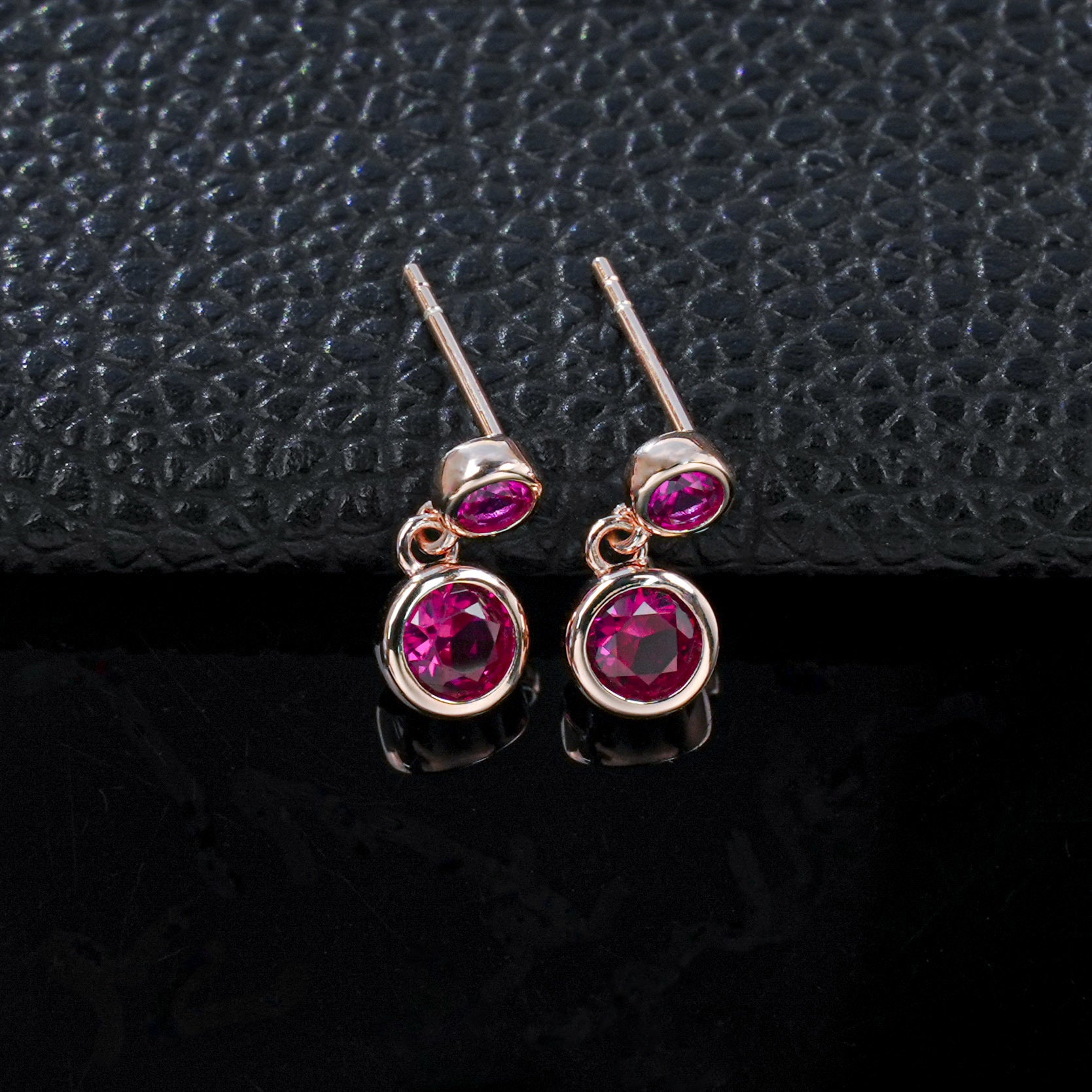 S925 Silver Double-Layer Round Ruby Stud Earrings, Rose Gold Full - Photo 2