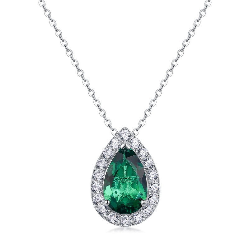925 Sterling Silver Lab Emerald Teardrop Vintage Pendant Necklace, Stackable for Women - Photo 5
