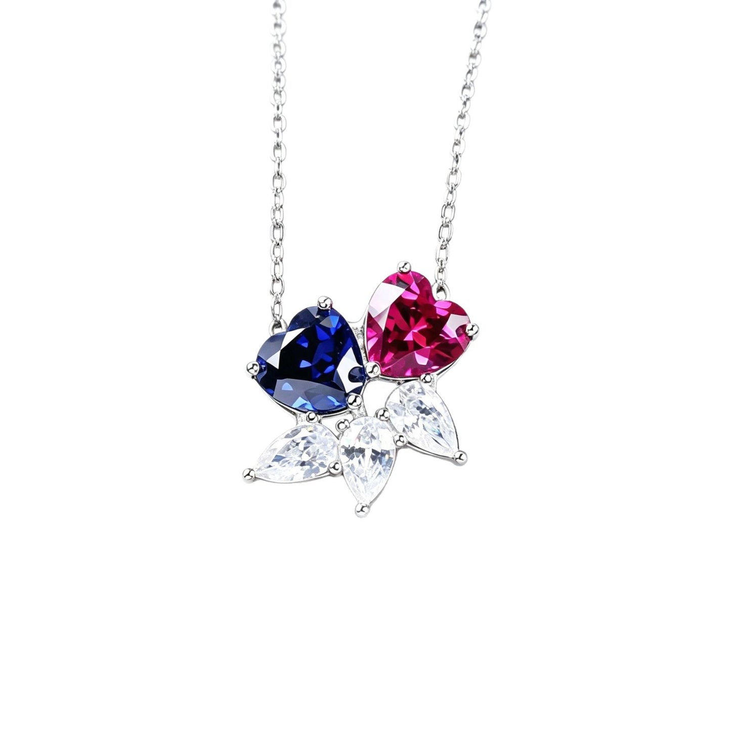 925 Silver Double Heart Lab Sapphire Ruby Contrast Necklace, Date Gift - Photo 5