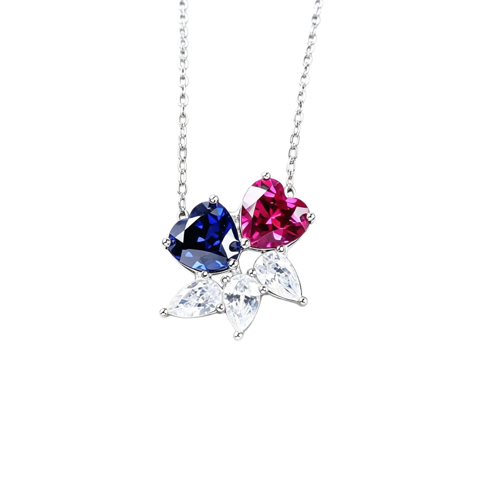 925 Silver Double Heart Lab Sapphire Ruby Contrast Necklace, Date Gift - Photo 5