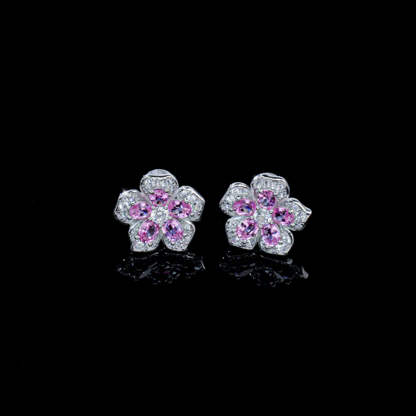 S925 Silver Sakura Stud Earrings, Lab Pink Sapphire - Photo 3