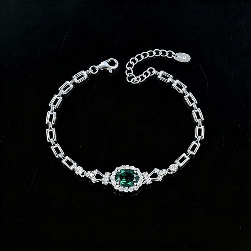 S925 Silver Oval Lab Emerald Bracelet, Full Diamond Halo - Photo 3