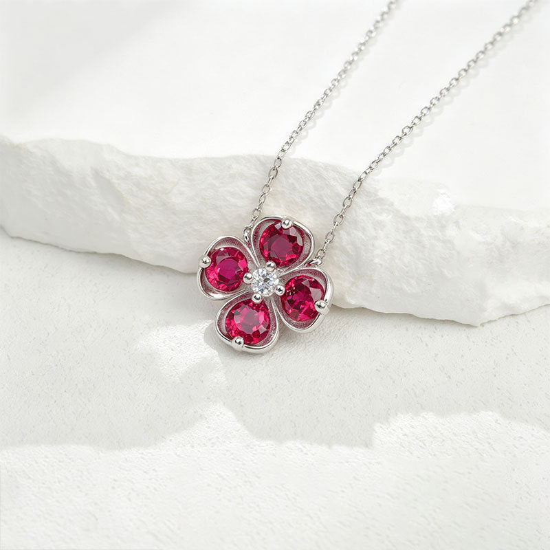 S925 Silver Four-Leaf Clover Flower Lab Ruby Pendant Necklace, Versatile Birthday Valentines - Photo 3