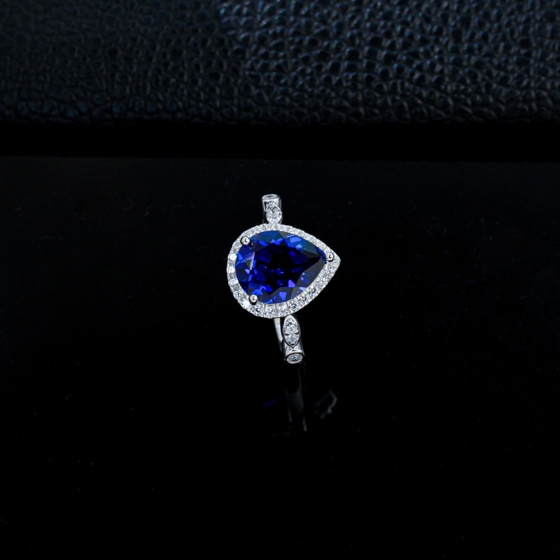 Teardrop Royal Blue Sapphire Ring 925 Silver Diamond Design, Premium Proposal Engagement - Photo 3