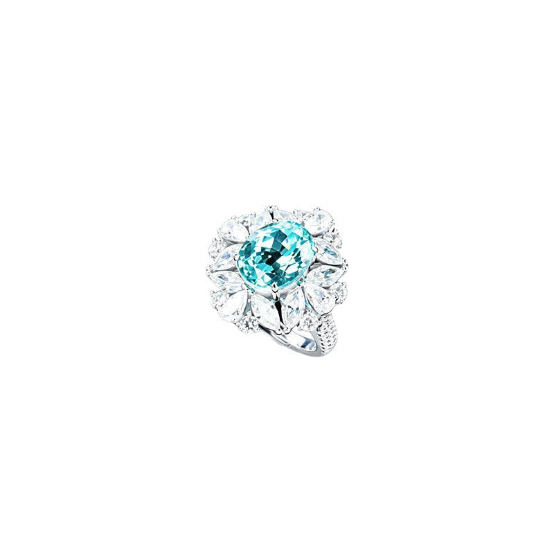 S925 Silver Oval Lab Paraiba Tsavorite Full Pear Diamond Halo Ring, Evening - Photo 5