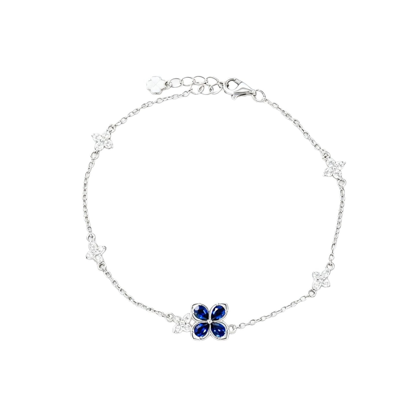 S925 Silver Four-Leaf Clover Royal Blue Sapphire Bracelet, Full Diamond Flower - Photo 5