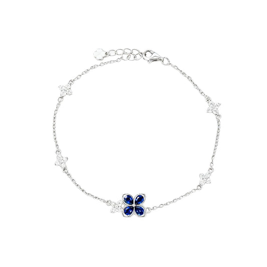 S925 Silver Four-Leaf Clover Royal Blue Sapphire Bracelet, Full Diamond Flower - Photo 5