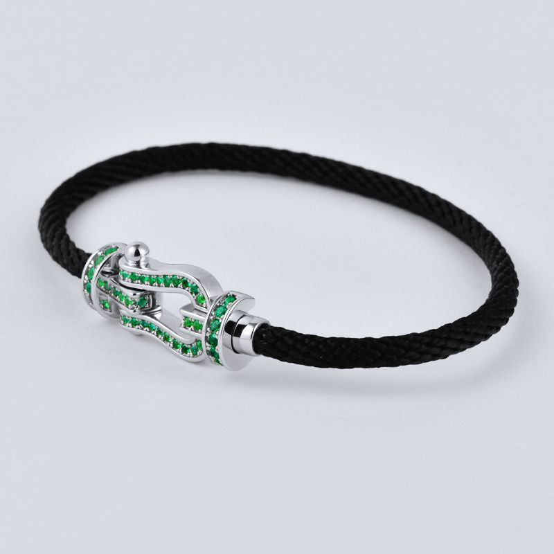 S925 Sterling Silver Lab Emerald Horseshoe Pave Black Cord Bracelet, Vintage Minimalist - Photo 6